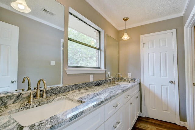 bathroom featuring double vanity, visible vents, ornamental molding, a sink, and wood finished floors