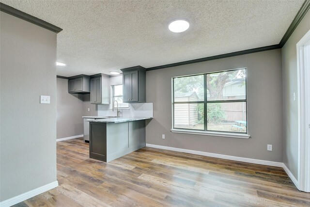 kitchen featuring baseboards, ornamental molding, wood finished floors, a peninsula, and gray cabinets