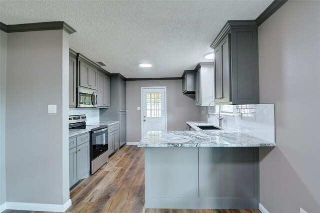 kitchen with appliances with stainless steel finishes, light stone counters, wood finished floors, a peninsula, and a sink