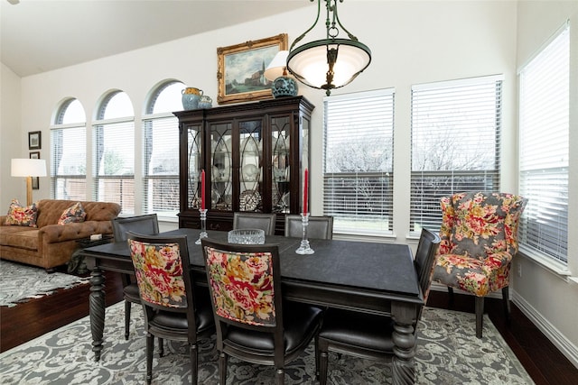 dining area featuring baseboards, lofted ceiling, and wood finished floors