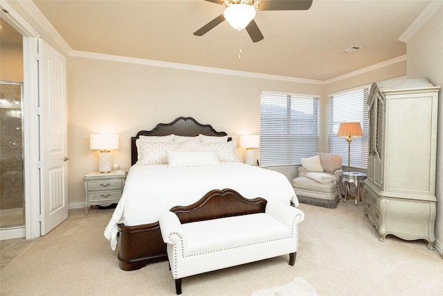 bedroom featuring visible vents, light carpet, ceiling fan, and crown molding