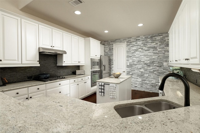 kitchen with visible vents, stainless steel appliances, decorative backsplash, a sink, and under cabinet range hood