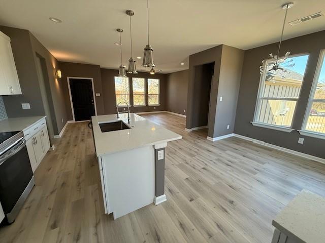 kitchen featuring a sink, visible vents, white cabinetry, a healthy amount of sunlight, and stainless steel electric range oven