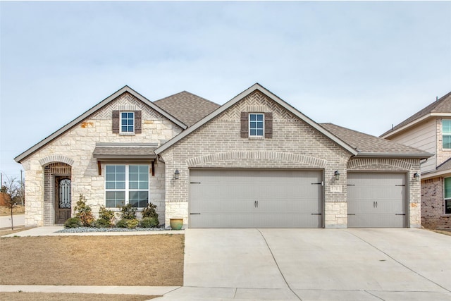 french country style house featuring a shingled roof, brick siding, driveway, and an attached garage