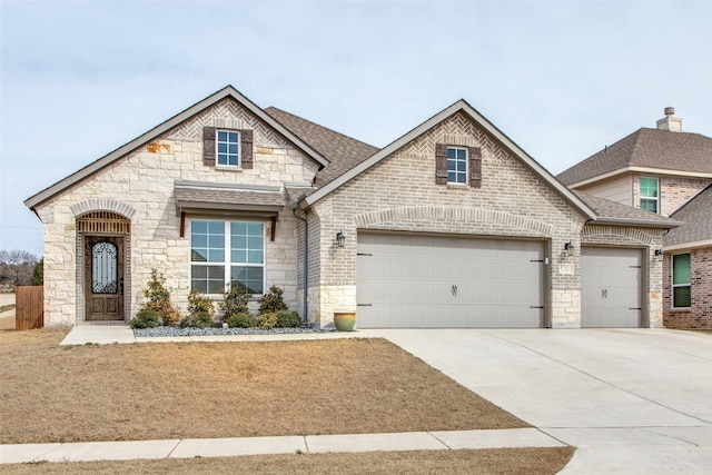 french country style house featuring a garage, brick siding, a shingled roof, and driveway