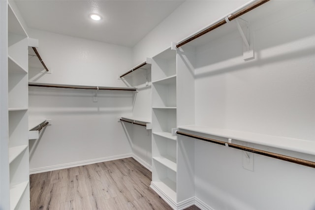 walk in closet with light wood finished floors