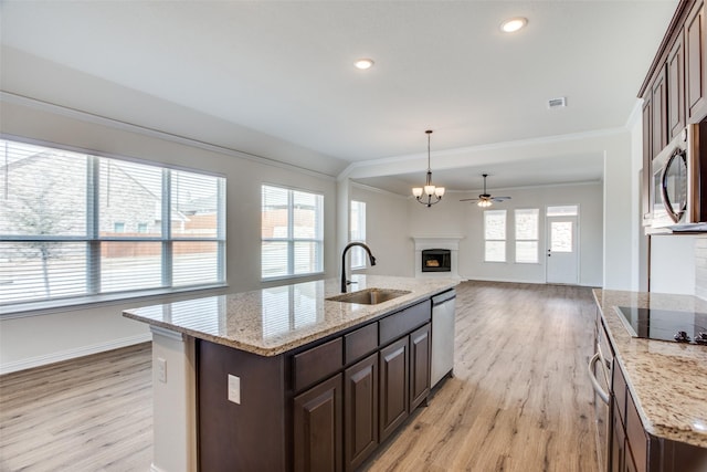 kitchen with appliances with stainless steel finishes, crown molding, light wood-style floors, a fireplace, and a sink