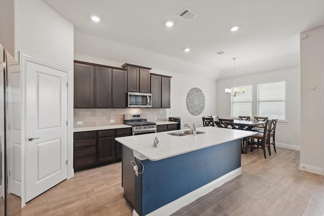 kitchen with a sink, stainless steel appliances, dark brown cabinets, light wood-style floors, and backsplash