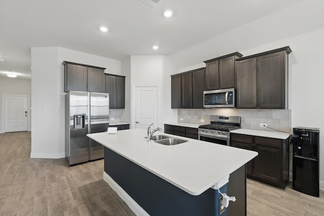 kitchen featuring appliances with stainless steel finishes, a sink, backsplash, and light wood-style flooring