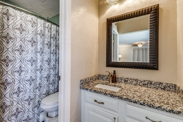 bathroom with a textured wall, a shower with shower curtain, vanity, and toilet