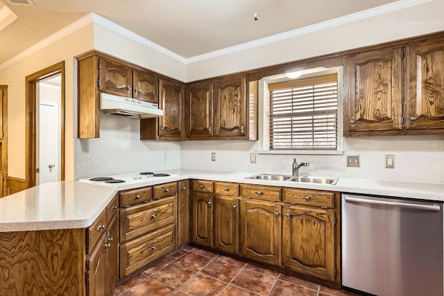 kitchen featuring under cabinet range hood, a sink, light countertops, white electric cooktop, and dishwasher