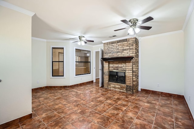 unfurnished living room with ceiling fan, a fireplace, visible vents, baseboards, and crown molding