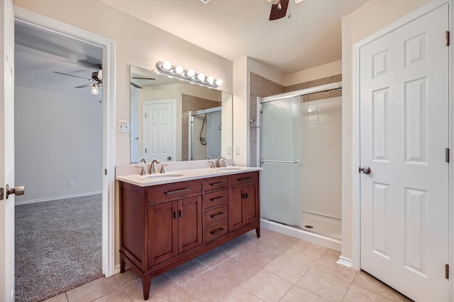 bathroom featuring a shower stall, a ceiling fan, and a sink