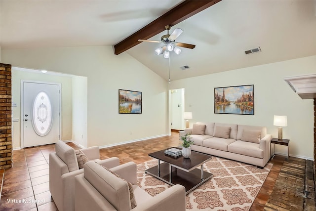 living area featuring visible vents, vaulted ceiling with beams, baseboards, and ceiling fan