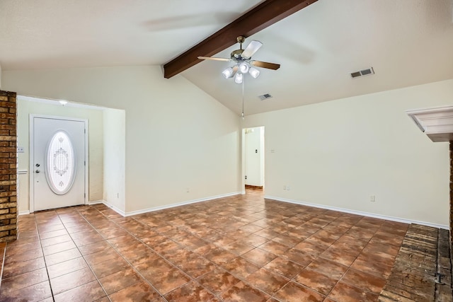 entrance foyer featuring a ceiling fan, visible vents, vaulted ceiling with beams, and tile patterned floors