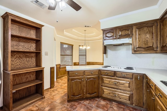115 Spence Dr, Wylie, TX 75098 - kitchen with open shelves, white electric stovetop, under cabinet range hood, and ceiling fan with notable chandelier