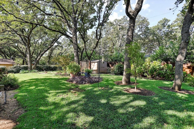 view of yard featuring an outbuilding, a storage unit, and fence