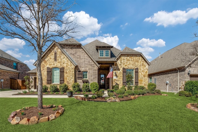 french country home featuring a front yard, stone siding, and brick siding