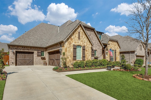 french country inspired facade with driveway, stone siding, and roof with shingles