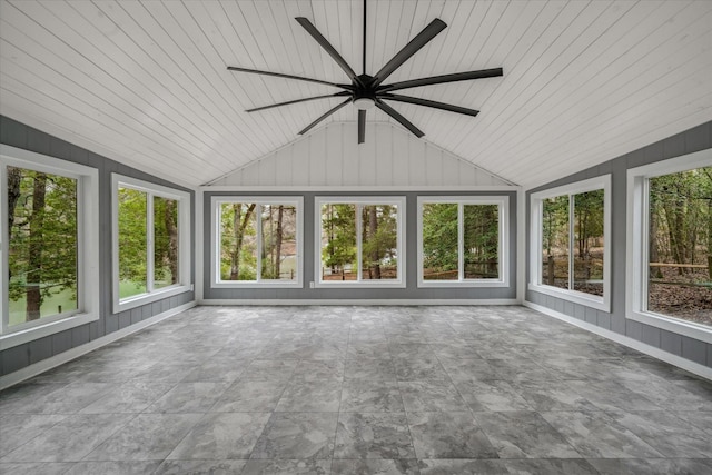 unfurnished sunroom with vaulted ceiling and wood ceiling