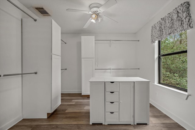 walk in closet with ceiling fan, wood finished floors, and visible vents