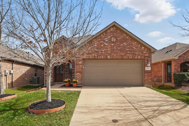 view of front facade featuring an attached garage, central AC, brick siding, concrete driveway, and a front lawn