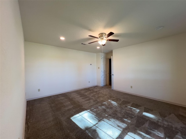 unfurnished room featuring recessed lighting, carpet flooring, ceiling fan, and baseboards