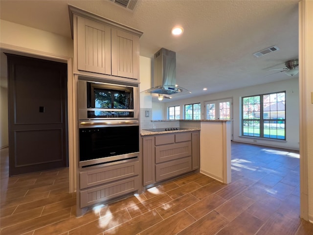 kitchen featuring island range hood, a peninsula, a ceiling fan, visible vents, and appliances with stainless steel finishes