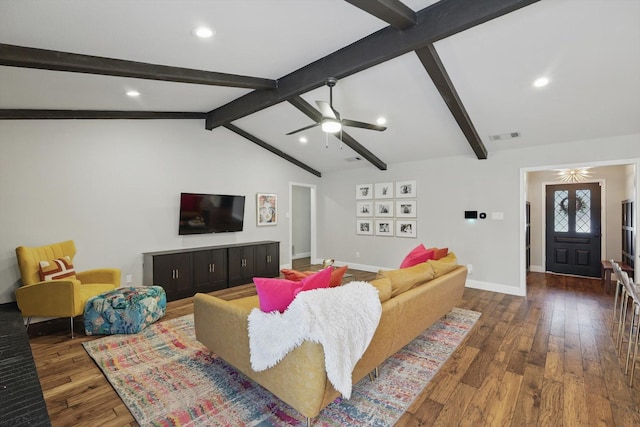 living area with baseboards, a ceiling fan, lofted ceiling with beams, wood-type flooring, and recessed lighting