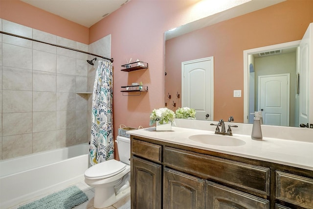 full bath with shower / bath combination with curtain, visible vents, toilet, vanity, and tile patterned flooring