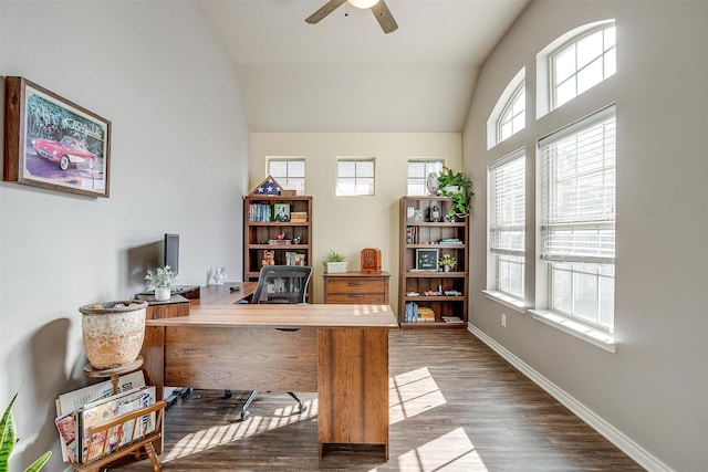 office with ceiling fan, baseboards, vaulted ceiling, and wood finished floors