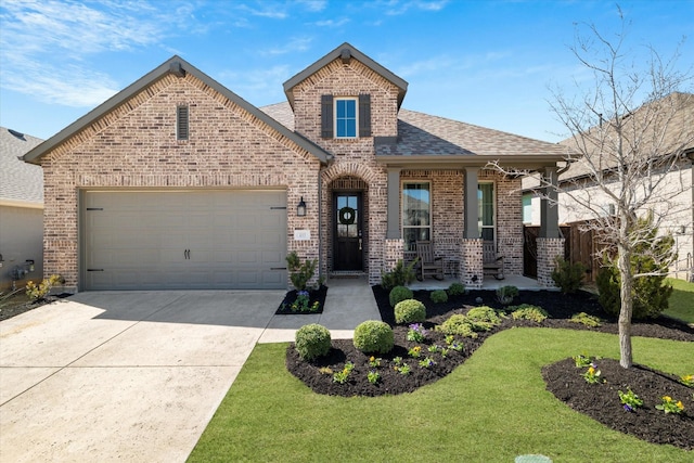 view of front of property with a garage, brick siding, roof with shingles, and a front lawn