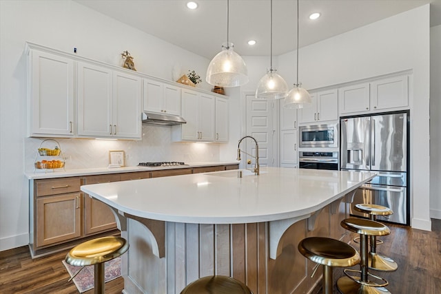 kitchen with backsplash, dark wood-type flooring, under cabinet range hood, appliances with stainless steel finishes, and a sink