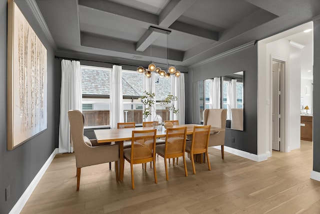 dining room featuring a chandelier, baseboards, coffered ceiling, and light wood finished floors