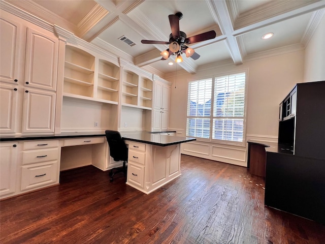 unfurnished office featuring dark wood-type flooring, coffered ceiling, visible vents, beam ceiling, and built in desk