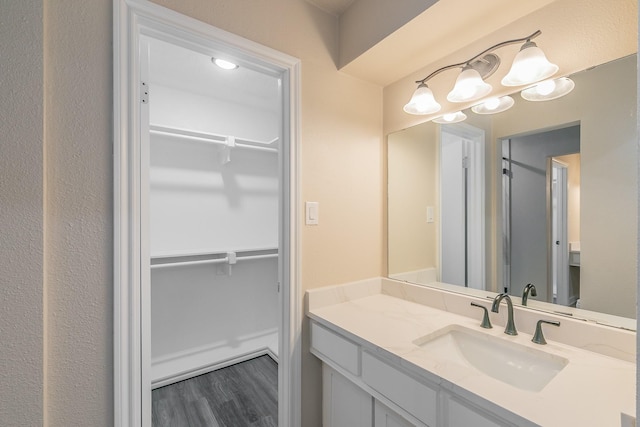 bathroom with a walk in closet, vanity, and wood finished floors