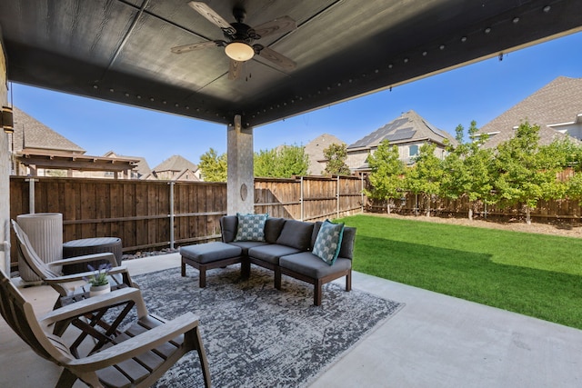 view of patio with a fenced backyard, ceiling fan, and cooling unit