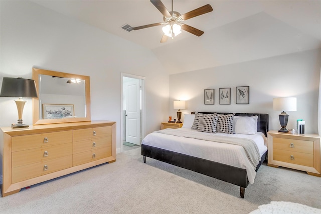 bedroom featuring lofted ceiling, light carpet, ceiling fan, and visible vents