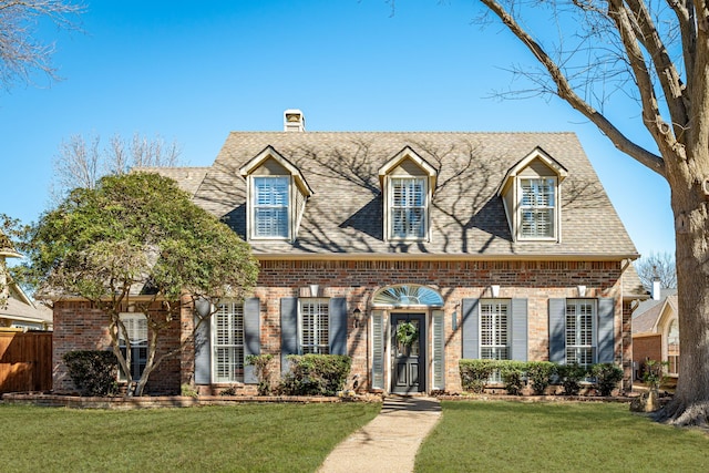 view of front of house featuring a shingled roof, a front yard, and brick siding