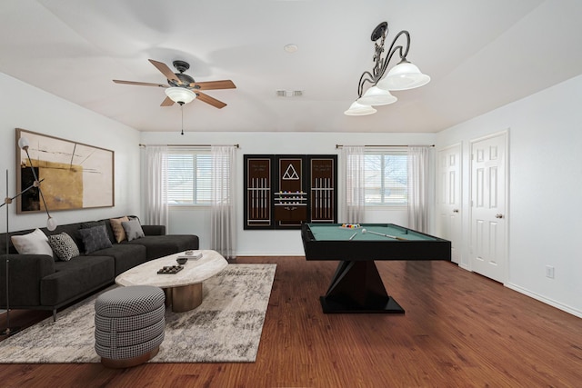 game room featuring pool table, a healthy amount of sunlight, visible vents, and wood finished floors