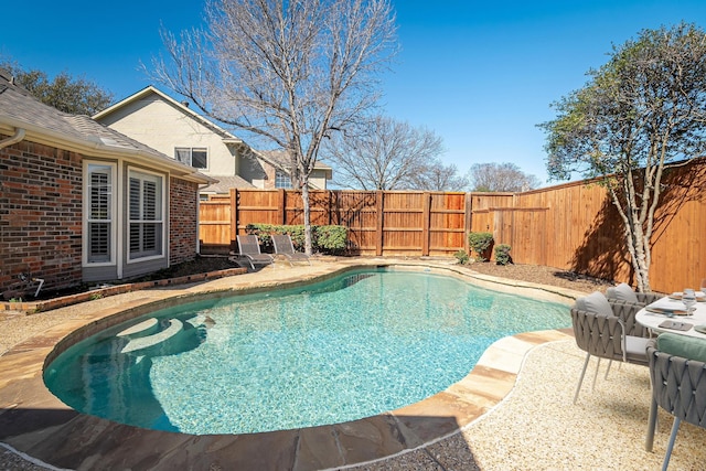 view of pool featuring a patio area, a fenced backyard, and a fenced in pool