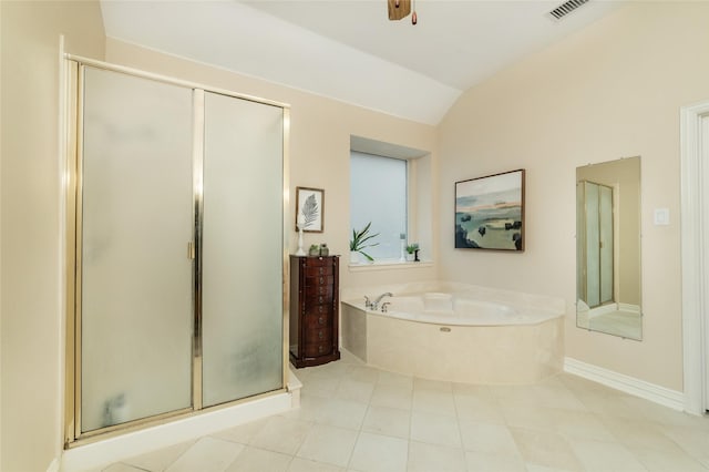 full bath featuring a stall shower, baseboards, visible vents, vaulted ceiling, and a bath