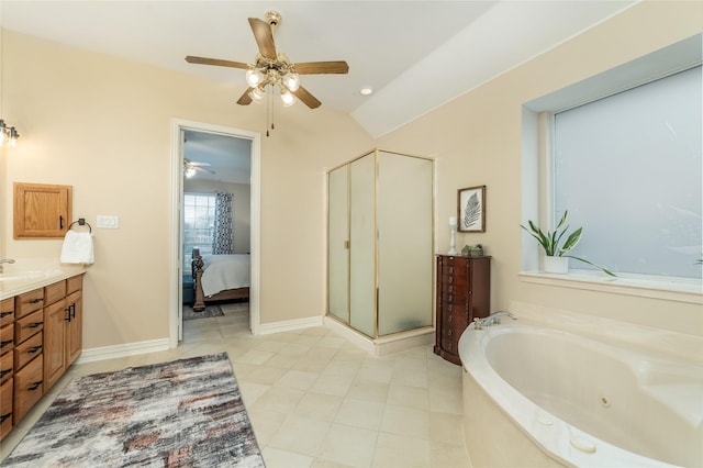 full bathroom with baseboards, connected bathroom, a whirlpool tub, vanity, and a shower stall