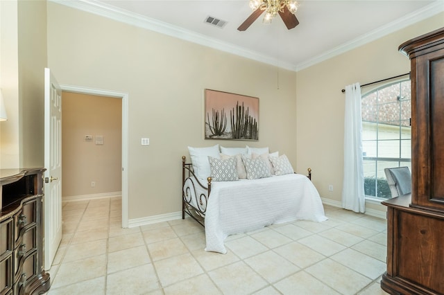 bedroom featuring visible vents, crown molding, baseboards, and light tile patterned floors