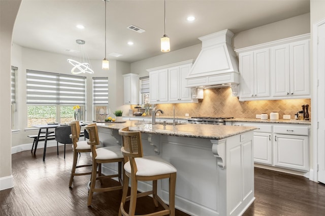 kitchen with custom exhaust hood, tasteful backsplash, white cabinetry, a sink, and an island with sink