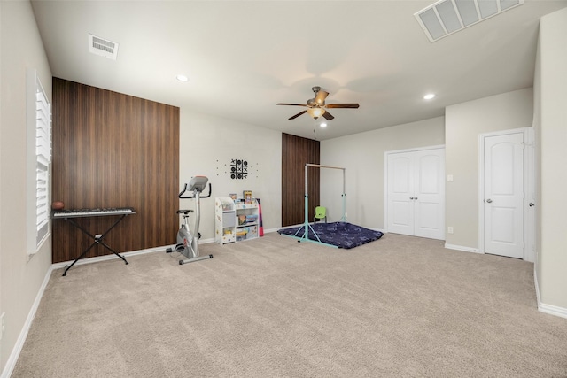 interior space featuring carpet, visible vents, and recessed lighting