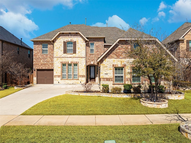 view of front of home featuring concrete driveway, brick siding, a front lawn, and roof with shingles