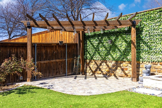 exterior space with a yard, fence, and a pergola