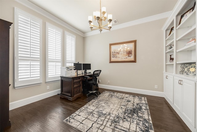 office space with ornamental molding, a notable chandelier, dark wood finished floors, and baseboards