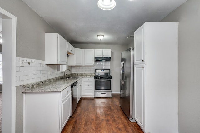 kitchen with under cabinet range hood, stainless steel appliances, a sink, tasteful backsplash, and dark wood finished floors